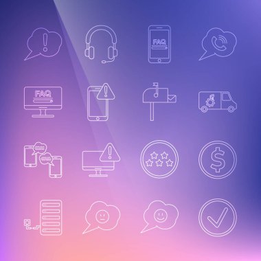 Satır denetim işaretini daire içine alın, dolar ile madeni para, araba servisi, mobil SSS bilgisi, ünlem, monitör, konuşma balonu ünlem ve açık posta kutusu simgesi. Vektör