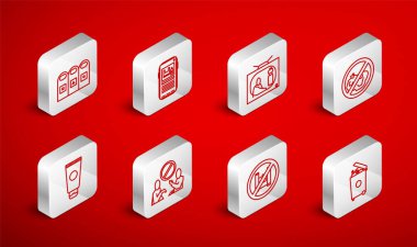 Çöp tenekesini ayarla, plastik kirliliği durdur, çöp yok, çöp torbası yok, çöp kutuları düzenlenmiş, ve krem kozmetik tüp ikonu. Vektör