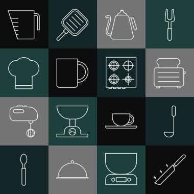 Hattı ayarla, tava, mutfak kepçesi, tost makinası, tost sapı, kahve fincanı, aşçı şapkası, ölçüm ve gaz sobası ikonu. Vektör