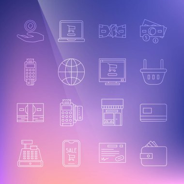 Cüzdanı kağıt para, kredi kartı, alışveriş sepeti, buruşuk, dünya çapında POS terminal kredisi, el ele tutuşma madeni para ve el arabası bilgisayar ikonu. Vektör