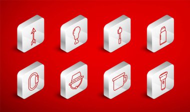 Flashlight, Chicken leg, Marshmallow on stick, Canteen water bottle, Kamp yapan metal bardak, Hipster oku, şapka ve Carabiner ikonu. Vektör