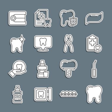 Çizgi Diş, Diş Kaşifi pulu, kart, koruma, klinik konumu, beyazlatma, takma dişler ve pense ikonu. Vektör