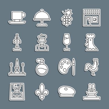 Set hattı Fountain, Fransız horoz, üzüm meyvesi, adam, sokak lambası, kahve fincanı ve şarap bardağı ikonu. Vektör
