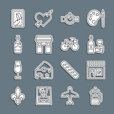 Fransız basını, kahve dükkanı, peynirli şarap şişesi, kol saati, Zafer Kemeri, Şişe şarabı, Portre müzesi ve bisiklet ikonu. Vektör