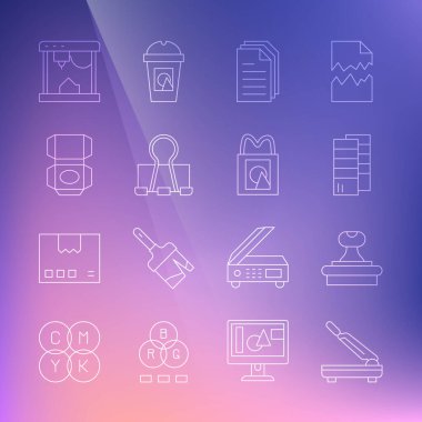 Satır Kağıt Kesici, Pul, Pantone, Dosya Belgesi, Bağlayıcı, Karton Karton Kutu, 3D Yazıcı ve Alışveriş Torbası simgesi. Vektör