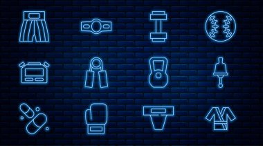 Japon kostüm Kimono, zil, Dumbbell, spor açıcı, Stopwatch, kısa boks, kettlebell ve kemer ikonu. Vektör