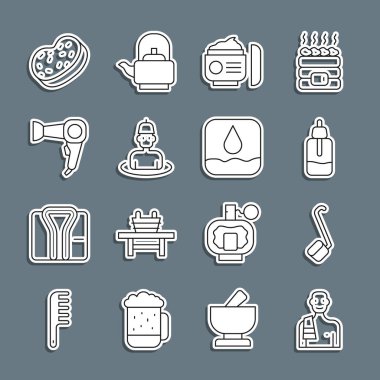 Set line Man in the sauna, Sauna ladle, Essential oil bottle, Cream or lotion cosmetic tube, Hair dryer, Bath sponge and Water drop icon. Vector
