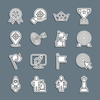 Satranç hattı, oklu hedef, katlanmış kağıt bot, madalya ve el simgesi. Vektör