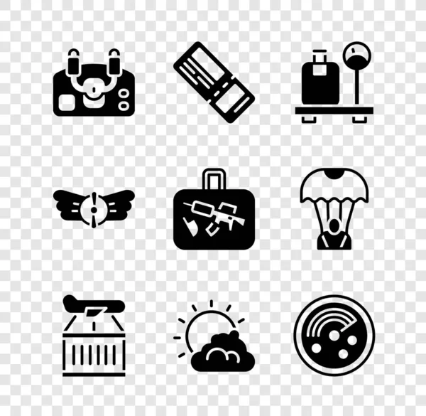 Set Aircraft steering helm, Airline ticket, Scale with suitcase, Plane, Sun and cloud weather, Radar targets on monitor, Aviation emblem and Suitcase icon. Vector — Vettoriale Stock