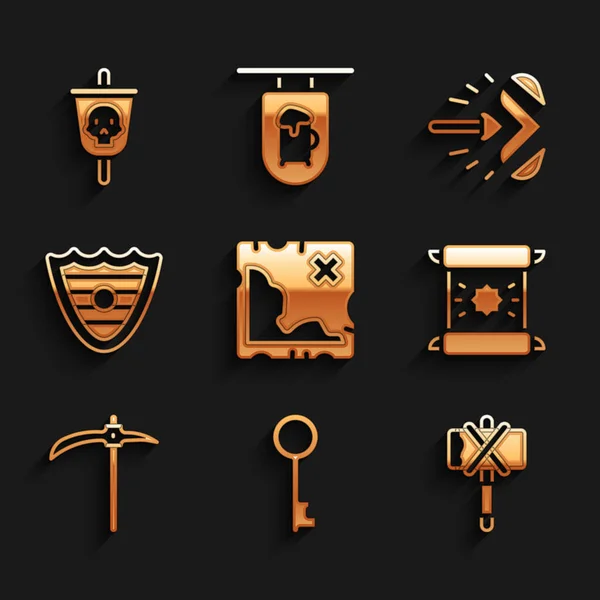 Set Pirate treasure map, Old key, Medieval axe, Decree, parchment, scroll, Pickaxe, Shield, Magic arrow and flag icon. Vector — 스톡 벡터