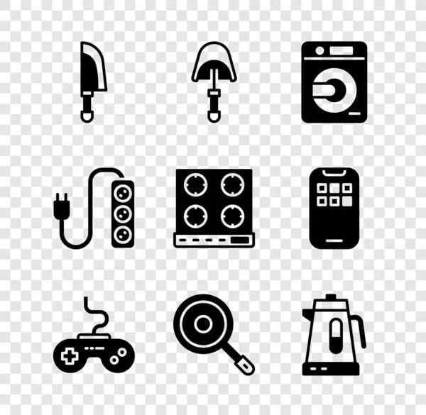 Set Knife, Spatula, Washer, Gamepad, Frying pan, Electric kettle, extension and Gas stove icon. Vector — стоковий вектор