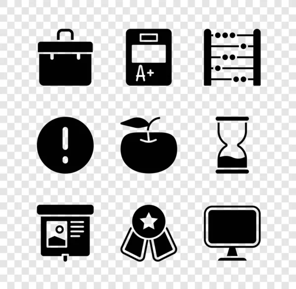 Set Briefcase, Exam sheet with A plus grade, Abacus, Projection screen, Medal star, Computer monitor, Speech bubble and Exclamation and Apple icon. Vector — Stockový vektor