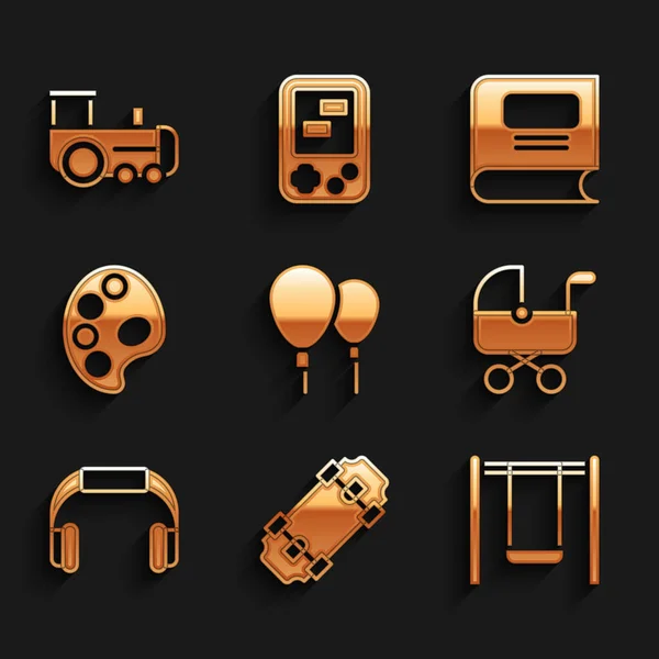 Set Balloons, Skateboard, Swing, Baby stroller, Headphones, Palette, Book and Toy train icon. Vector — Stockvektor