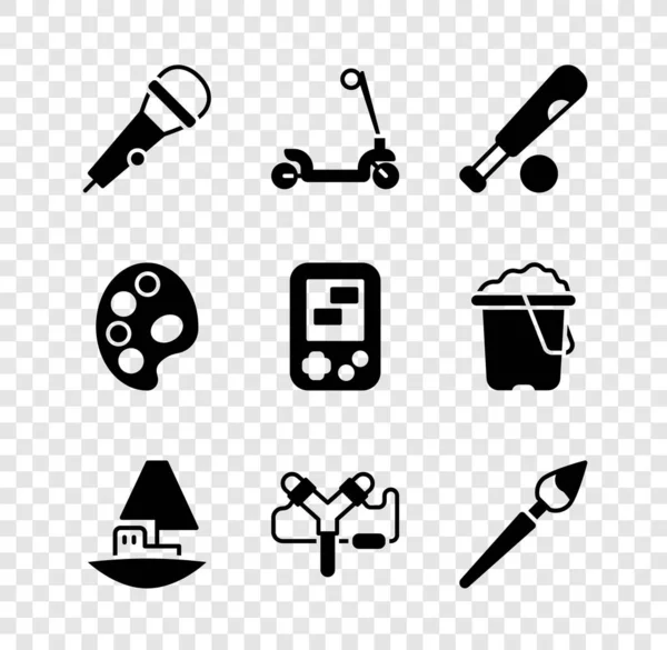 Set Microphone, Roller scooter, Baseball bat with ball, Toy boat, Slingshot, Paint brush, Palette and Tetris electronic game icon. Vector — Stockvector