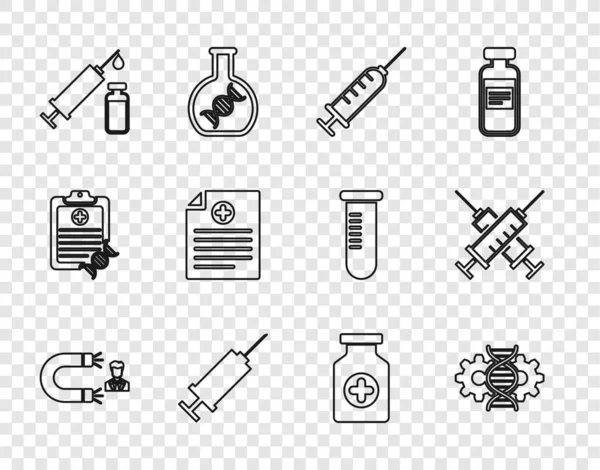 Set line Customer attracting, Gene editing, Syringe, Medical syringe and vial, Clinical record, Medicine bottle and Crossed icon. Vector — Stock vektor
