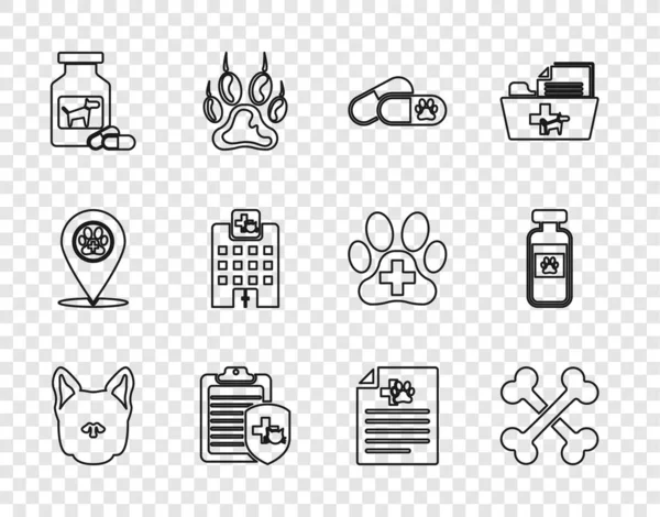 Set line Dog, Crossed bones, and pills, Clinical record pet, medicine bottle, Veterinary hospital, Medical certificate for dog cat and Pets vial medical icon. Vector — Stockvektor