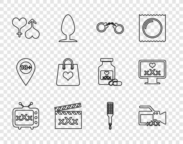 Set line Sex tv old television, Video camera with, Handcuffs, Movie clapper, Male female heart, Shopping bag, Spanking paddle and Monitor 18 plus content icon. Vector - Stok Vektor