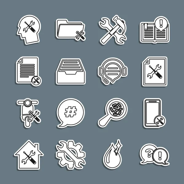 Set line Question and Exclamation, Mobile service, File document, Crossed hammer wrench, Drawer with documents, Human head and Headphones speech bubble chat icon. Vector — Image vectorielle