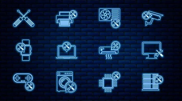 Satır Veritabanı Servisi, Bilgisayar monitörü, Klima, Laptop, Smartwatch, çapraz tornavida ve Yazıcı simgesi ayarla. Vektör