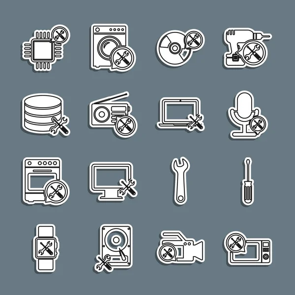 Hat hattı Mikrodalga fırın servisi, Tornavida, Mikrofon, CD veya DVD disk, Radyo, Veritabanı sunucusu, İşlemci ve Laptop simgesini ayarla. Vektör