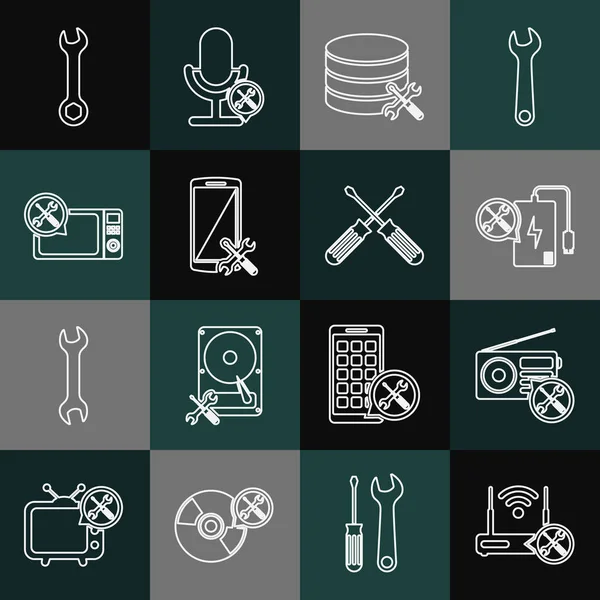 Hat yönlendirici kablosuz bağlantısını hizmet, Radyo, Elektrik Bankası, Veritabanı sunucusu, Akıllı Telefon, Mikrodalga fırın, Anahtarlık ve Çapraz Tornavida simgesi ile ayarla. Vektör