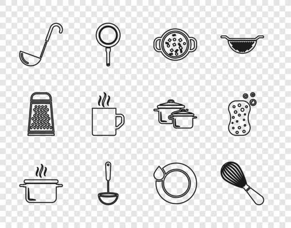 Set line Cooking pot, Kitchen whisk, soup, ladle, Coffee cup, Washing dishes and Sponge with bubbles icon. Vector — Stockový vektor