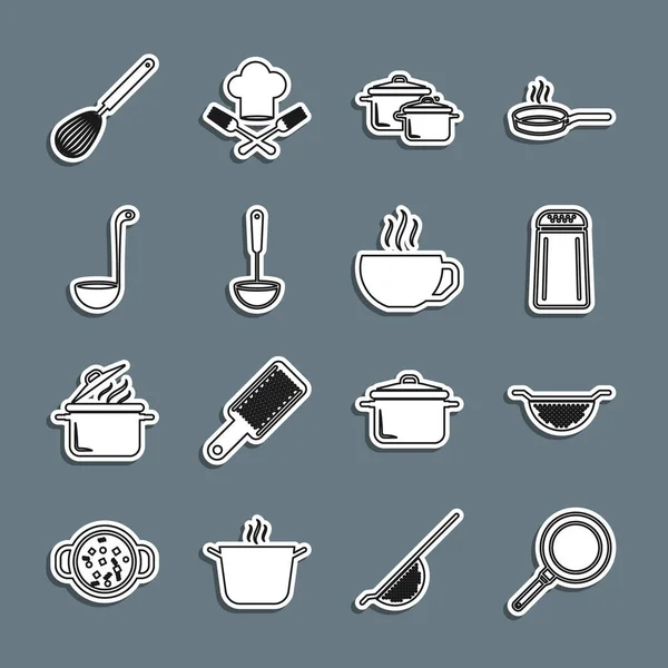 Kızartma tavası, mutfak süzgeci, tuzlu biber, tencere, kepçe, çırpma ve kahve bardağı ikonu. Vektör