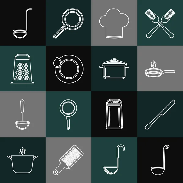 Set line Kitchen ladle, Knife, Frying pan, Chef hat, Washing dishes, Grater, and Cooking pot icon. Vector — Vetor de Stock