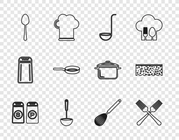 Set line Salt and pepper, Crossed fork, Kitchen ladle, Spoon, Frying pan, whisk and Sponge with bubbles icon. Vector — Stock vektor