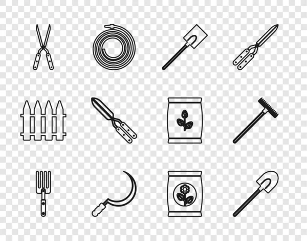 Set line Garden fork, shovel, Sickle, Gardening handmade scissor, Fertilizer bag and rake icon. Vector — Vector de stock