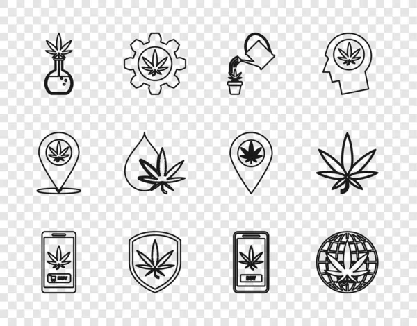 Online set line marijuana satın alıyor, yasallaştırıyor, sulama tenekesi, kalkanı ve test tüpüyle, marihuana veya kenevir yaprağı yağı ve ikon alıyor. Vektör — Stok Vektör