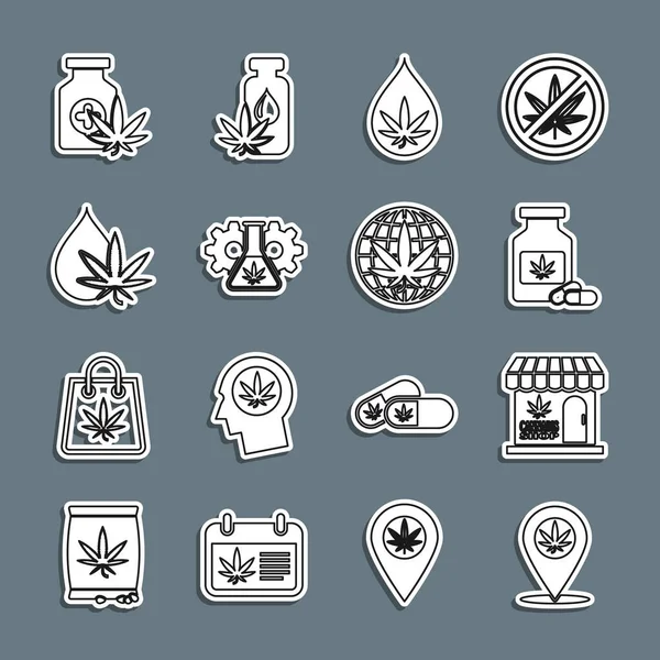 Set line Location and marijuana, Marijuana cannabis store, Medical bottle with, leaf oil, Test tube, and Legalize icon. Vector — Archivo Imágenes Vectoriales