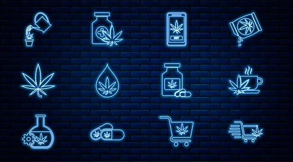 Marihuana, fincan çayı, internetten satın alma, esrar veya kenevir yaprağı yağı, su, tıbbi şişe ve ikon ile hazır alışveriş seti. Vektör — Stok Vektör