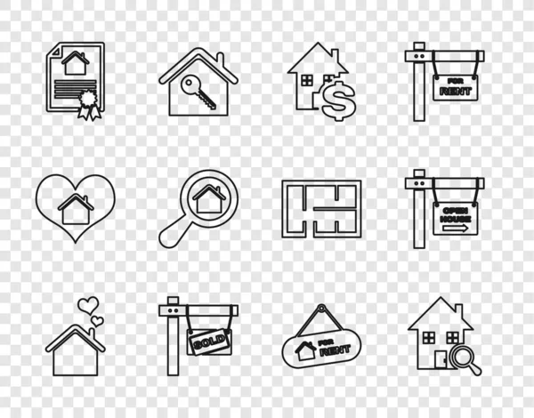 Set line House with heart shape, Search house, dollar, Hanging sign Sold, contract, For Rent and Open icon. Vector — Vector de stock