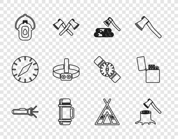 El feneri, kütükte ahşap balta, termos kabı, kantin su şişesi, el feneri, turist çadırı ve ışıklı ikon. Vektör