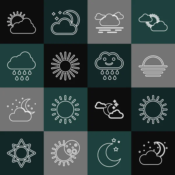 Set line Cloud with moon and stars, Sun, Sunset, rain, cloud weather and icon. Vector — Stockvektor