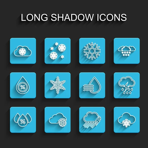 Set line Water drop percentage, Cloud with snow, rain and lightning, Snowflake, and icon. Vector — Stock Vector