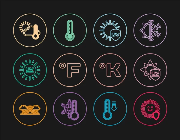 Definir linha de proteção UV, Fahrenheit, Termômetro e nuvem, sol, Kelvin e ícone termômetro Meteorologia. Vetor —  Vetores de Stock