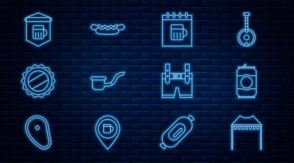 Sıralı kamp çadırı, bira kutusu, Aziz Patrick günü takvimi, tüttürme piposu, şişe kapağı, bir bardak biralı tabela, Lederhosen ve Hotdog sandviç ikonu. Vektör