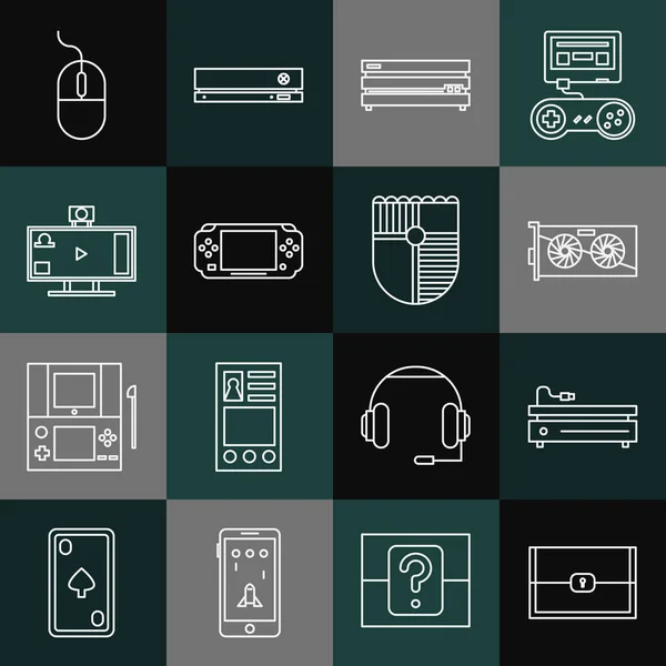 Set line Chest for game, Video console, graphic card, Portable video, Live streaming online, Computer mouse and Shield icon. Vector — Stok Vektör