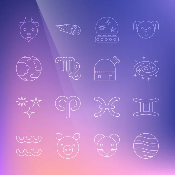 Set line Planet Jupiter, Gemini zodiac, Milky way spiral galaxy, Magic ball, Virgo, Mercury, Aries and Astronomical observatory icon. Vector — Image vectorielle
