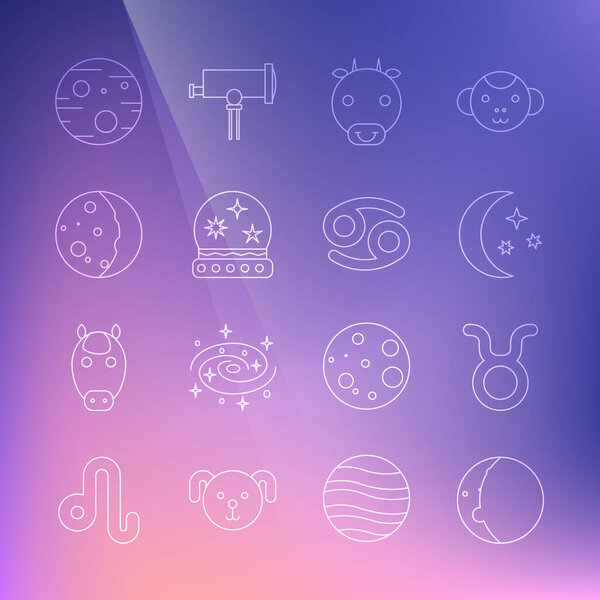 Set line Eclipse of the sun, Taurus zodiac, Moon and stars, Ox, Magic ball, Planet Mars and Cancer icon. Vector