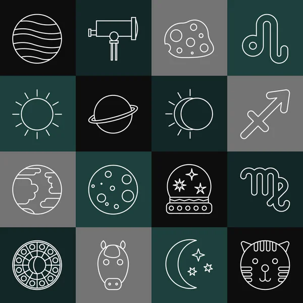 Kaplan burcu, başak burcu, yay burcu, göktaşı, Satürn gezegeni, Güneş, Jüpiter ve Güneş tutulması. Vektör