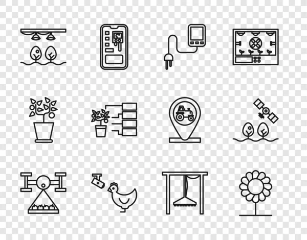 Set line Smart farm with drone, Flower, Sensor, Chicken and camera, bulb plant, analysis, Automatic irrigation sprinklers and icon. Vector — Stock Vector