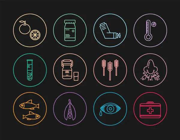 İlk yardım çantası, burun akışı, astım ilacı süt, tüp ve matara, portakal suyu, buğday ve ilaç şişesi ikonu. Vektör