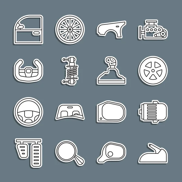 Hat çizgisi el freni, elektrik motoru, tekerlek, çamurluk, şok emici, spor direksiyon, kapı ve vites kutusu simgesi. Vektör