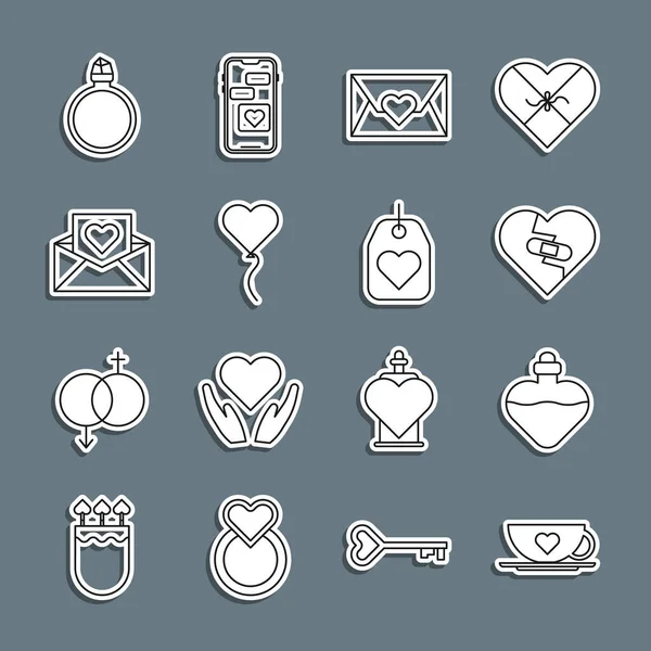 Sıralı kahve fincanı ve kalp, aşk iksiri şişesi kırık şifa, Zarf Sevgililer Günü, balon formu, elmas nişan yüzüğü ve kalp etiketi ikonu. Vektör