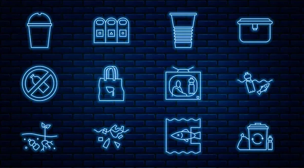 Geri dönüşüm kutusunu geri dönüşümlü olarak ayarla, okyanus kirliliği, kağıt bardak, alışveriş torbası, plastik şişe yok, su yok, çöp tenekeleri ikonu düzenlenmiş. Vektör