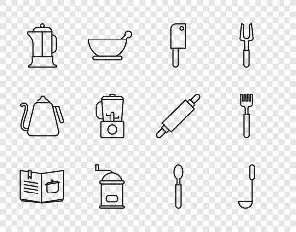 Set line Campbook, Kitchen ladle, Meat chopper, Manual coffee grill, French press, Blender, Spoon and Fork icon. Вектор — стоковый вектор