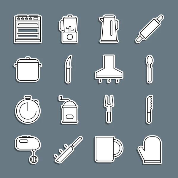 Set line Oven glove, Bread knife, Spoon, Kettle with handle, Knife, Cooking pot, and Kitchen extractor fan icon. Vector — Image vectorielle